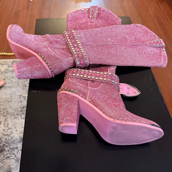 (Out of Stock Online) Dolls Kill-Pink SHERIFF Shine Knee High Cowboy Boots - Picture 13 of 16